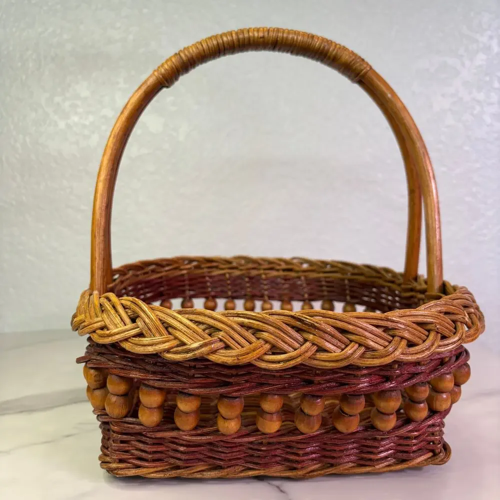 VTG Woven Wicker Gathering Basket Wood Bead Accent Braided Trim Boho Farmhouse